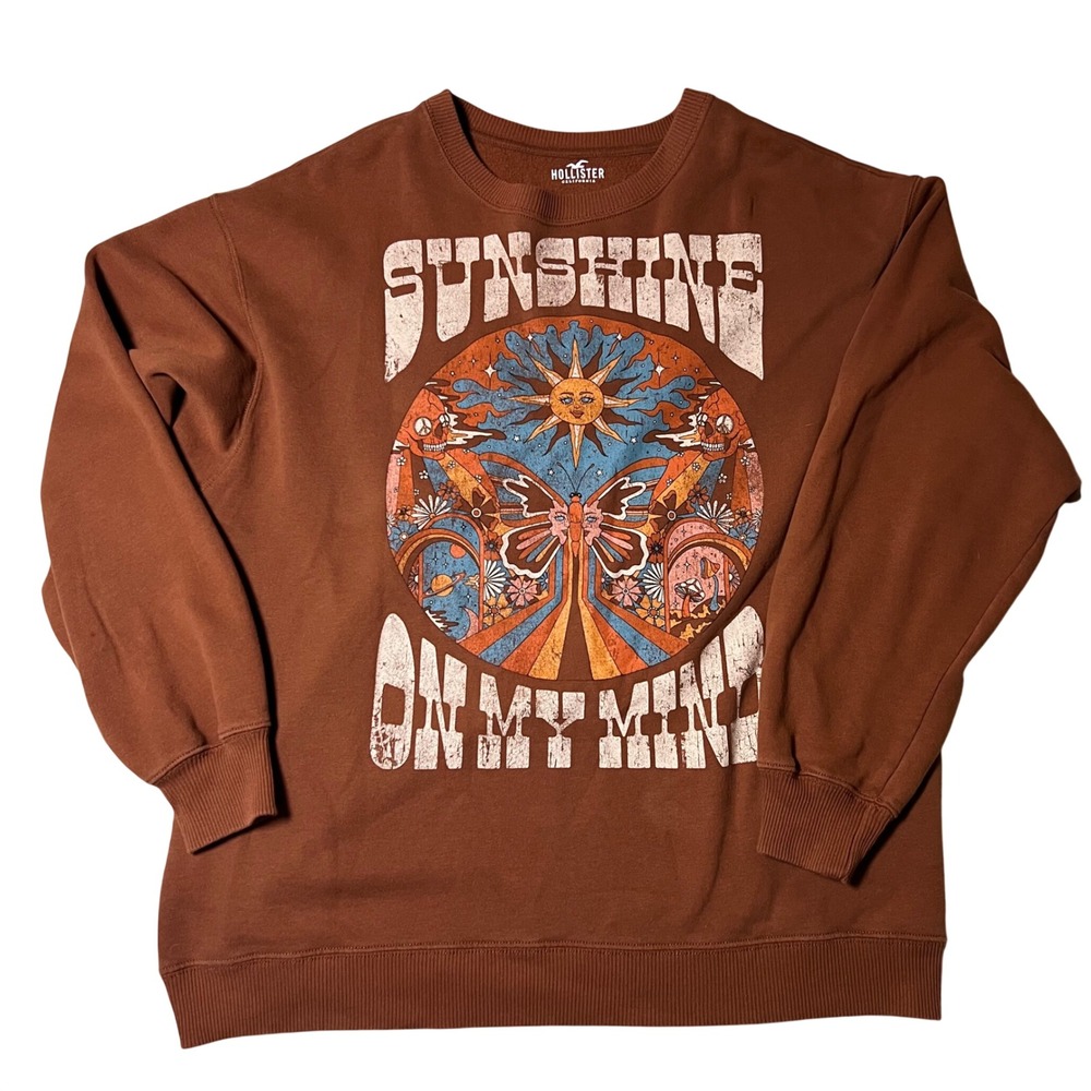 Hollister Sunshine On My Mind Graphic Sweatshirt Brown Mens Medium Retro Skulls